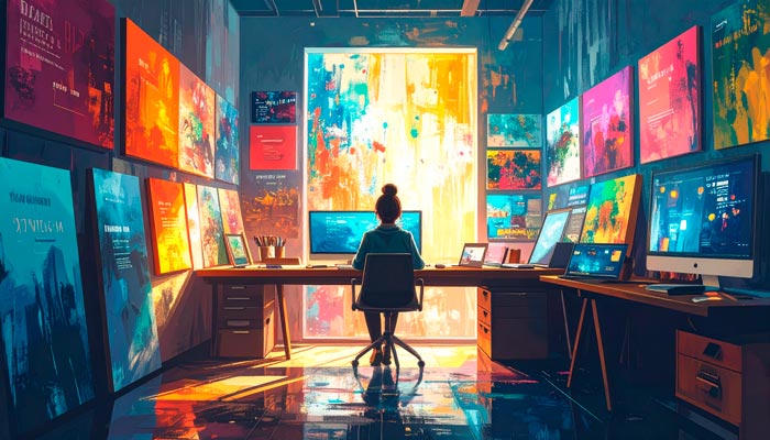 Proceso de generación de conceptos visuales con ChatGPT: múltiples propuestas de portadas, paletas de color y composiciones creativas desplegadas en un espacio de trabajo digital para inspirar el diseño editorial.